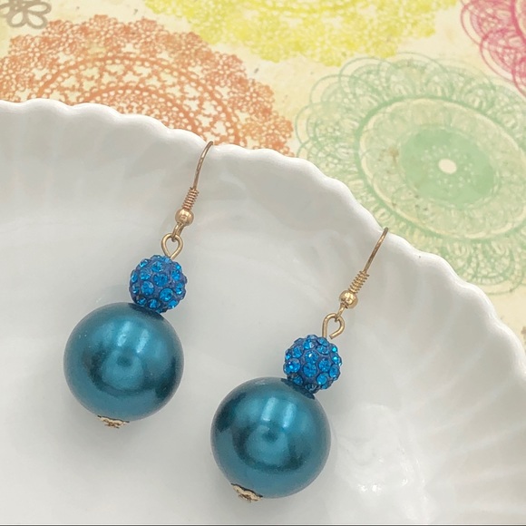 🍀 Aqua Blue Bead Rhinestone Dangle Earrings - Picture 1 of 2